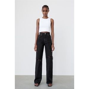 Zara Wide Leg Full Length Jeans Black Ripped